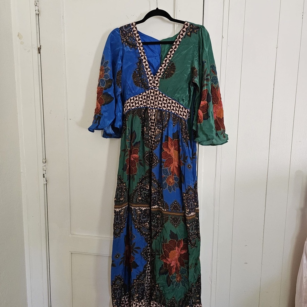 FARM Rio Blue and Green Ruffled Tiered Maxi Dress